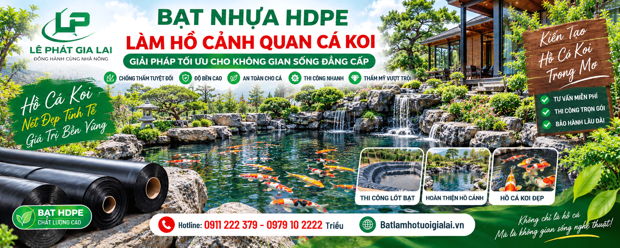 Thi công lót bạt hồ cá koi